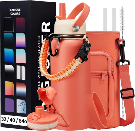 32 oz Sports Water Bottle Insulated - w/Paracord Handle, Straw & Spout Lids, Protective Boot, Sweat Proof Hydro Metal Water Flask Keeps Cold-48H Hot-24H, Travel Thermo Mug for Sports Hiking