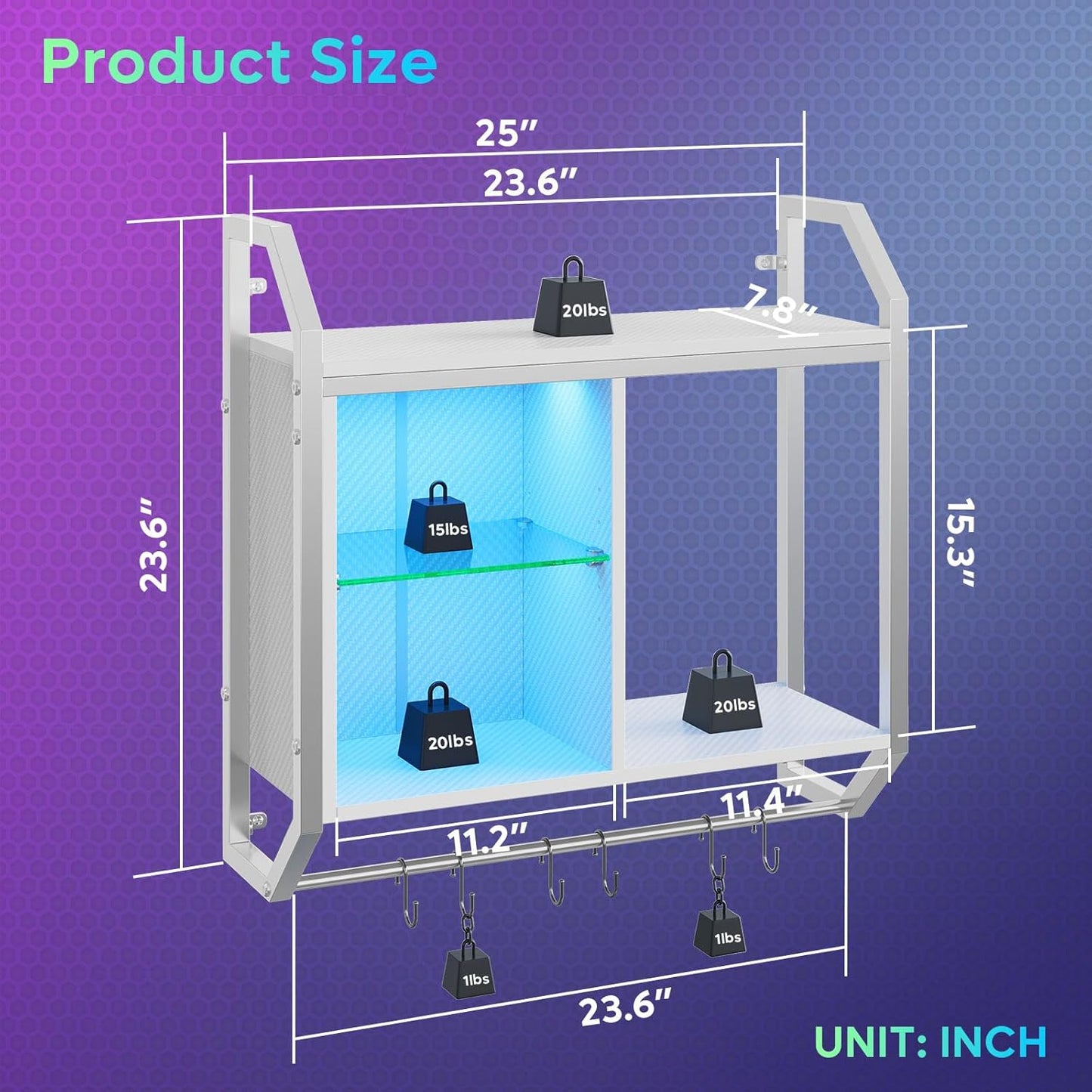 Bestier LED Gaming Floating Shelves for Wall, 25" Wall Mounted Shelf Pipe Adjustable Glass Shelves, White Hanging Display Rack with 6 S-Hooks Towel Bar, Gaming Bedroom Decor Shelf