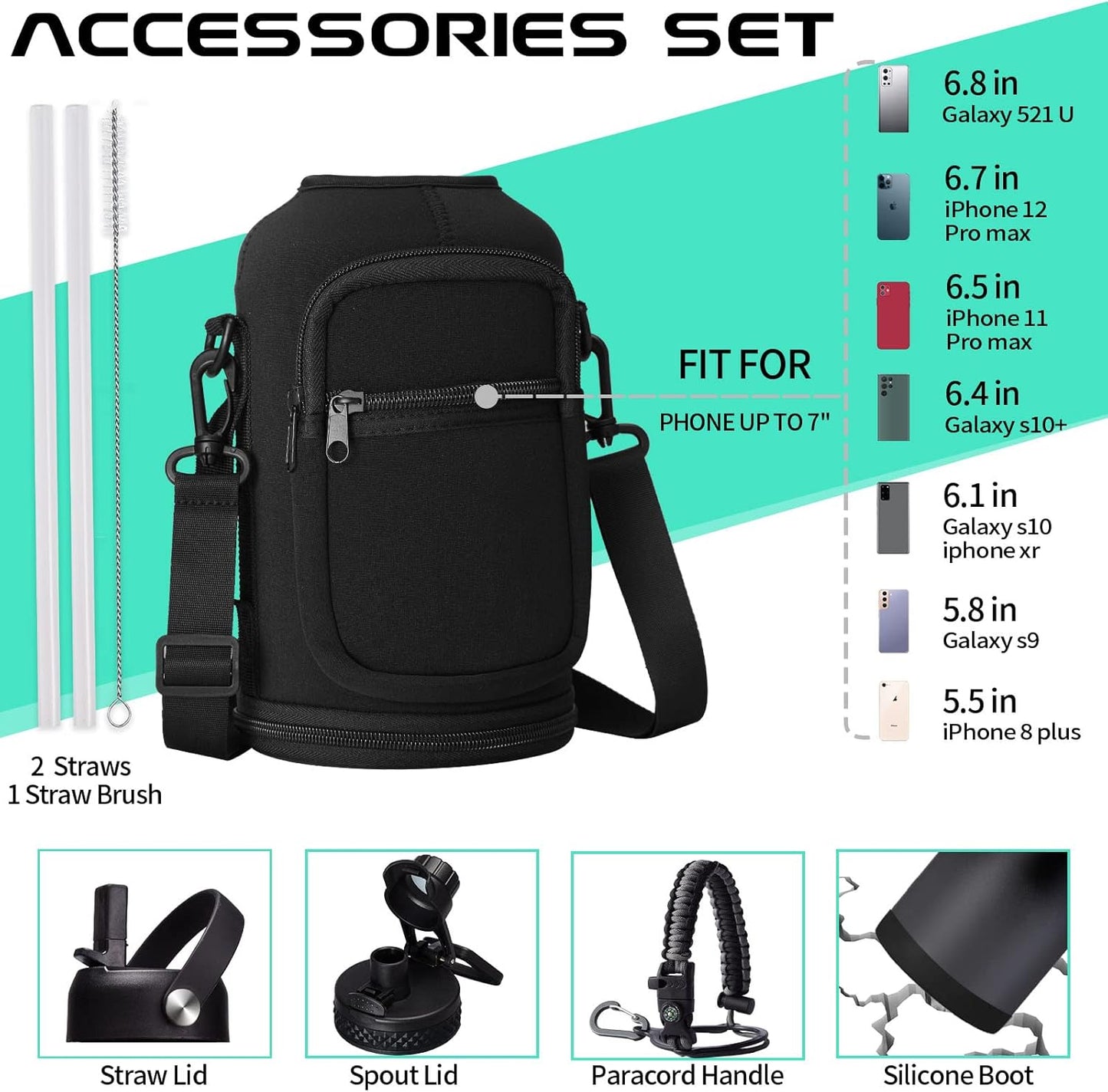 Half Gallon Insulated Water Bottle - with Straw & Spout Lid, Paracord Handle & Carrier Bag, Protective Cup Mat, 64oz Vacuum Stainless Steel Water Bottle, Metal Vacuum Flasks Keep Cold 48h Hot 24h