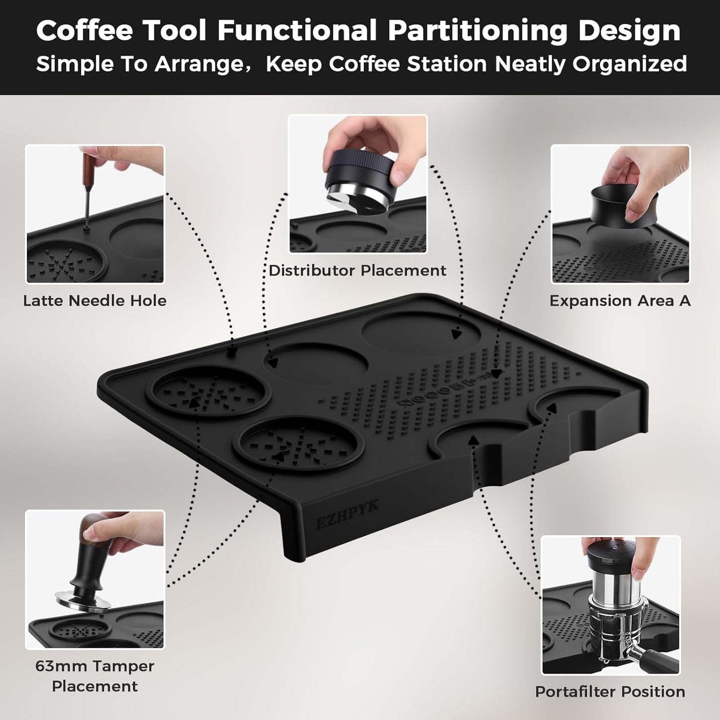 Food Grade Silicone Espresso Tamping Mat for Counter – Waterproof Non-Slip Coffee Tamper Mat for Barista Espresso Machine Accessories – Multi-Slot Tamp Station Espresso Mat for Countertop Black