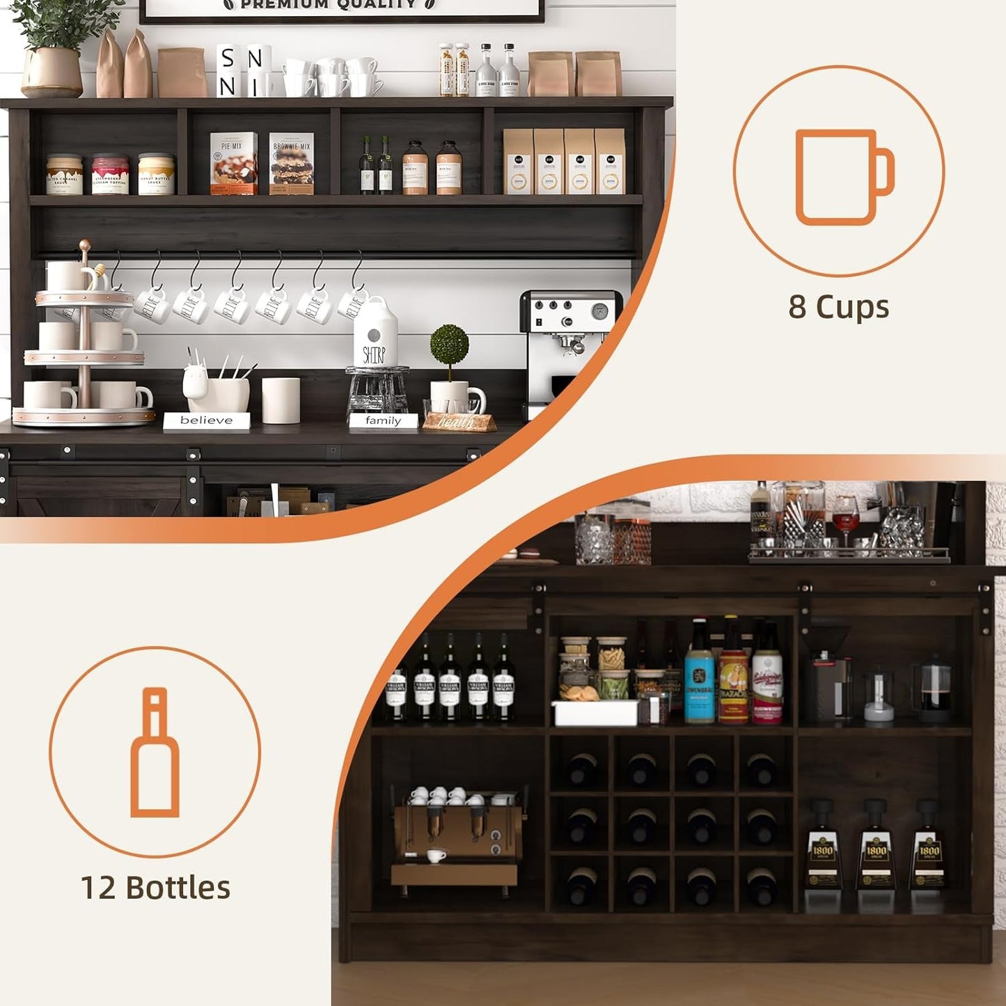 4ever2buy Farmhouse Coffee Bar Cabinet with Storage Hutch, 55“ Wine Bar with 12 Wine Racks and 8 Hooks, Coffee Station with 4 Open Shelves and Sliding Barn Doors for Kitchen, Dining Room, Dark Oak