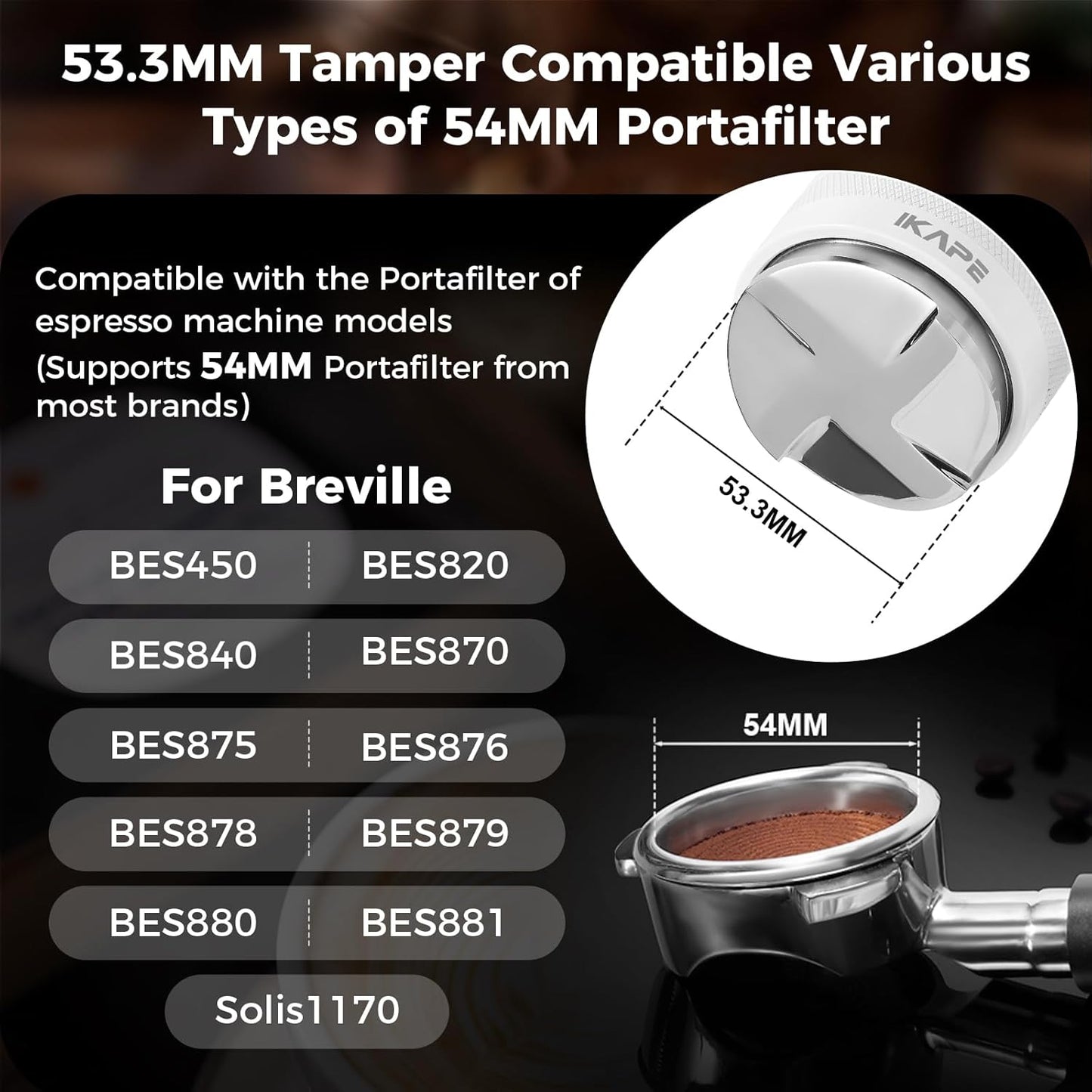 IKAPE Coffee Products, 53mm Coffee Distributor & Hand Tamper, Adjustable Depth Espresso Distributor Fits All 53mm Espresso Portafilter, Compatible with 54MM Breville Bottomless Portafilter (White)