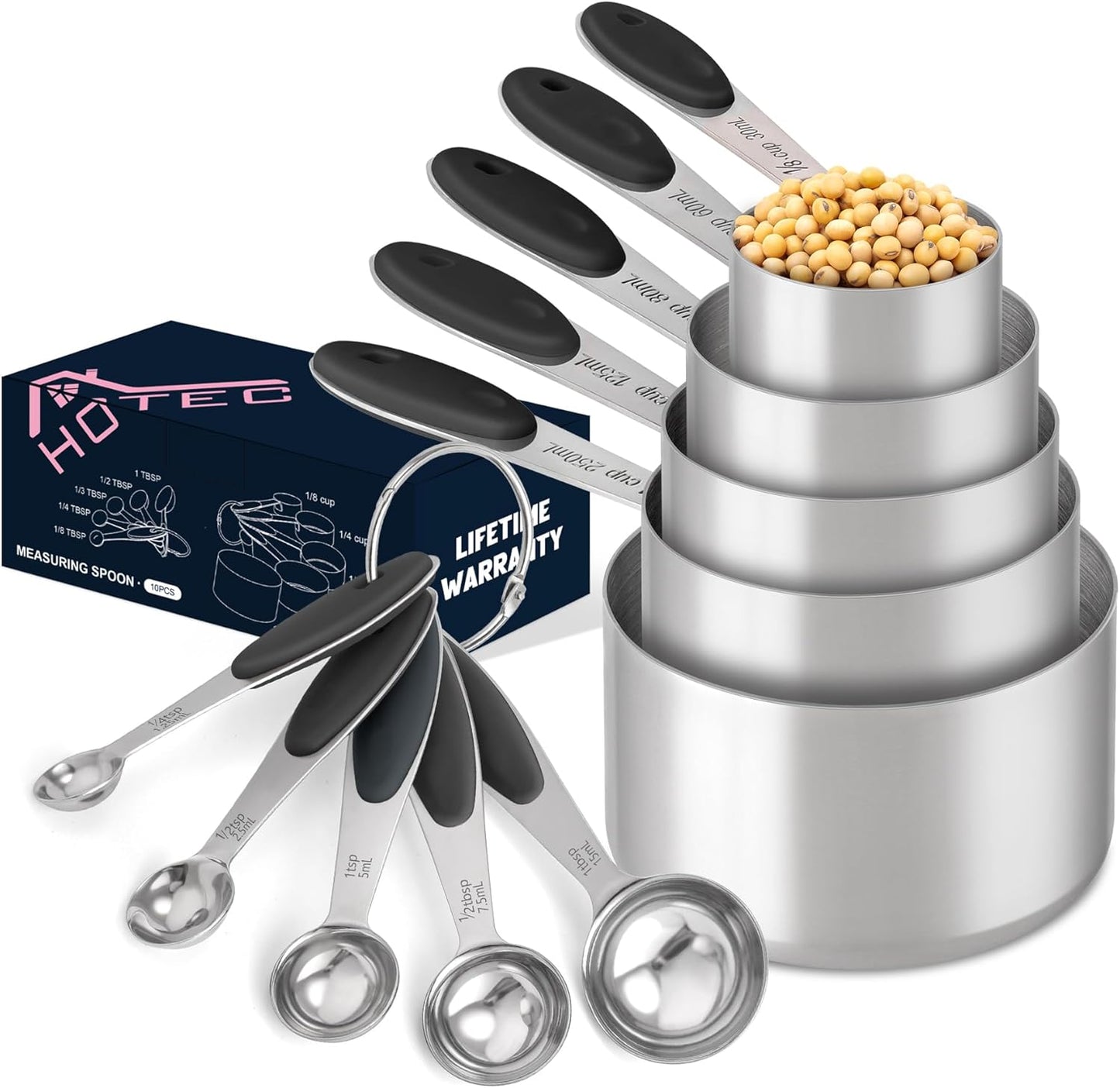 HOTEC 10-PACK Measuring Cups &Spoons Set, Kitchen Gadagets Cooking Baking,Heavy Duty & Dishwasher Safe for Dry and Liquid Ingredients,Black