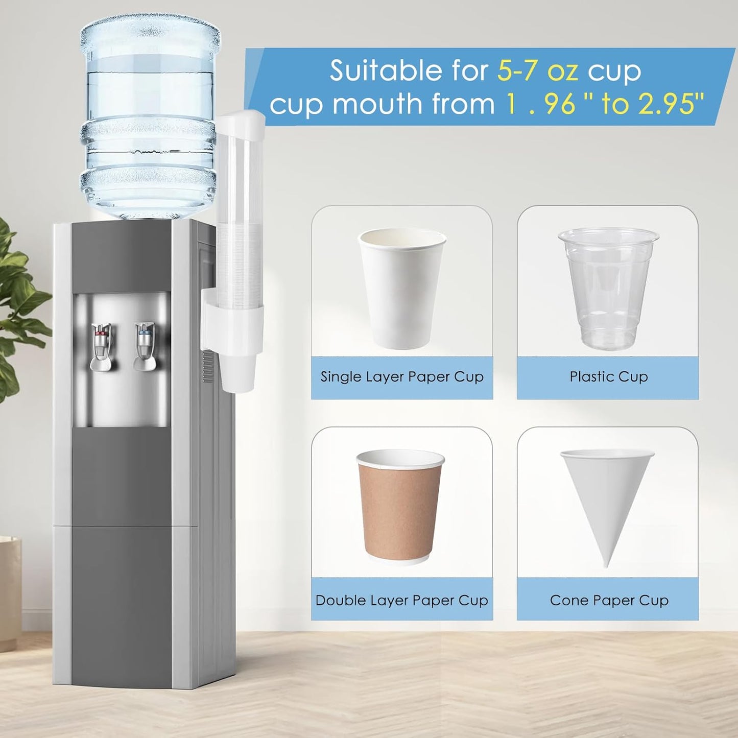 Cup Dispenser Medium Pull Type, Paste or Screw Plate Mountable Cup Holder, Fits 5oz - 7oz Cone or Flat Bottom Cups, 16” Tube Length, Mounting Water Dispenser Cooler or Wall (Medium, White)