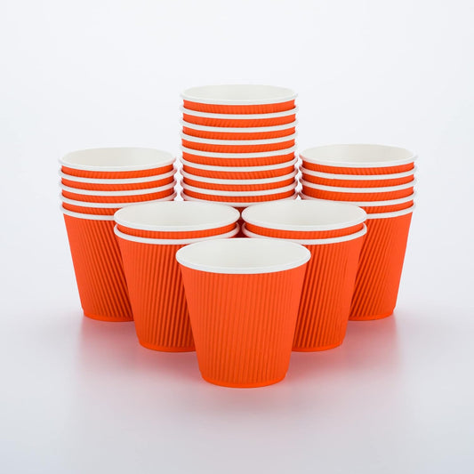 Restaurantware 8 Ounce Double Wall Disposable Coffee Cups, 25 Insulated Orange Paper Tumblers with Ripple Wall Design, Lids Sold Separately for Hot Drinks like Tea, Hot Chocolate, and More