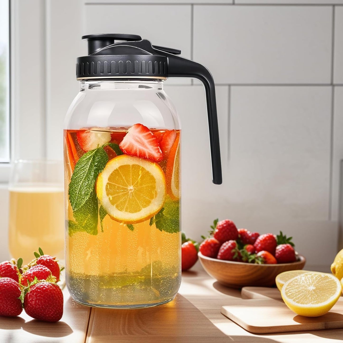 2 Pack 64oz Glass Mason Jar Pitcher with Airtight Lid and Handle – Wide Mouth, Leak-Proof, Ideal for Sun Tea, Cold Brew, Lemonade, Iced Coffee, Milk, and Water (Pink & Orange)