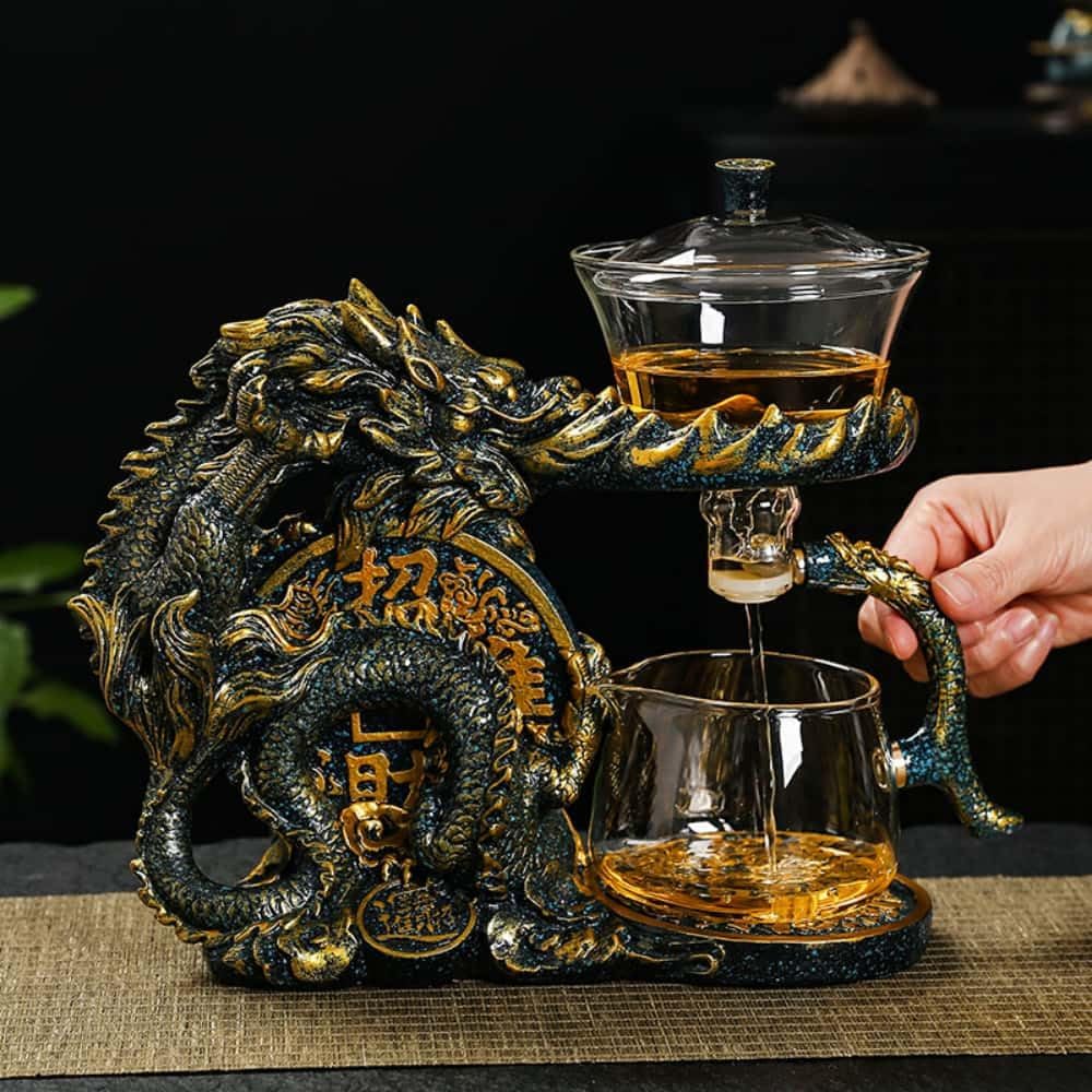 Glass Teapot Set with Infuser Semi Automatic Dragon Tea Set with 6 Small Cups (blue golden dragon-b)