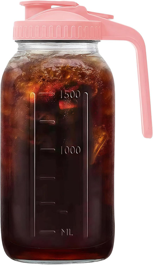 64oz Glass Pitcher with Handle and Lid, 2 Quart Mason Jar Pitcher - Airtight & Leakproof Water Jug with Pour Spout Lid, Glass Containers for Fridge, Perfect for Juice, Cold Brew, Iced & Sun Tea