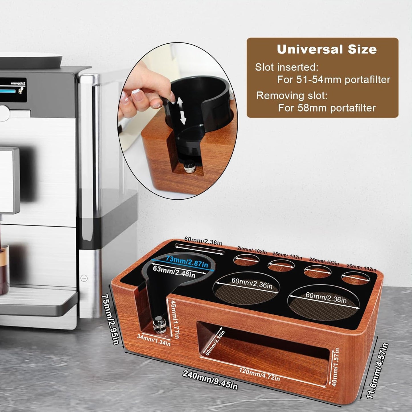 Espresso Tamping Station,9 in 1 Espresso Station,Multifunctional Tamper Station Fit for 51/54mm Espresso Accessories,Wooden Espresso Station,Adjustable Height Portafilter Holder (Red Black, 51mm-58mm)