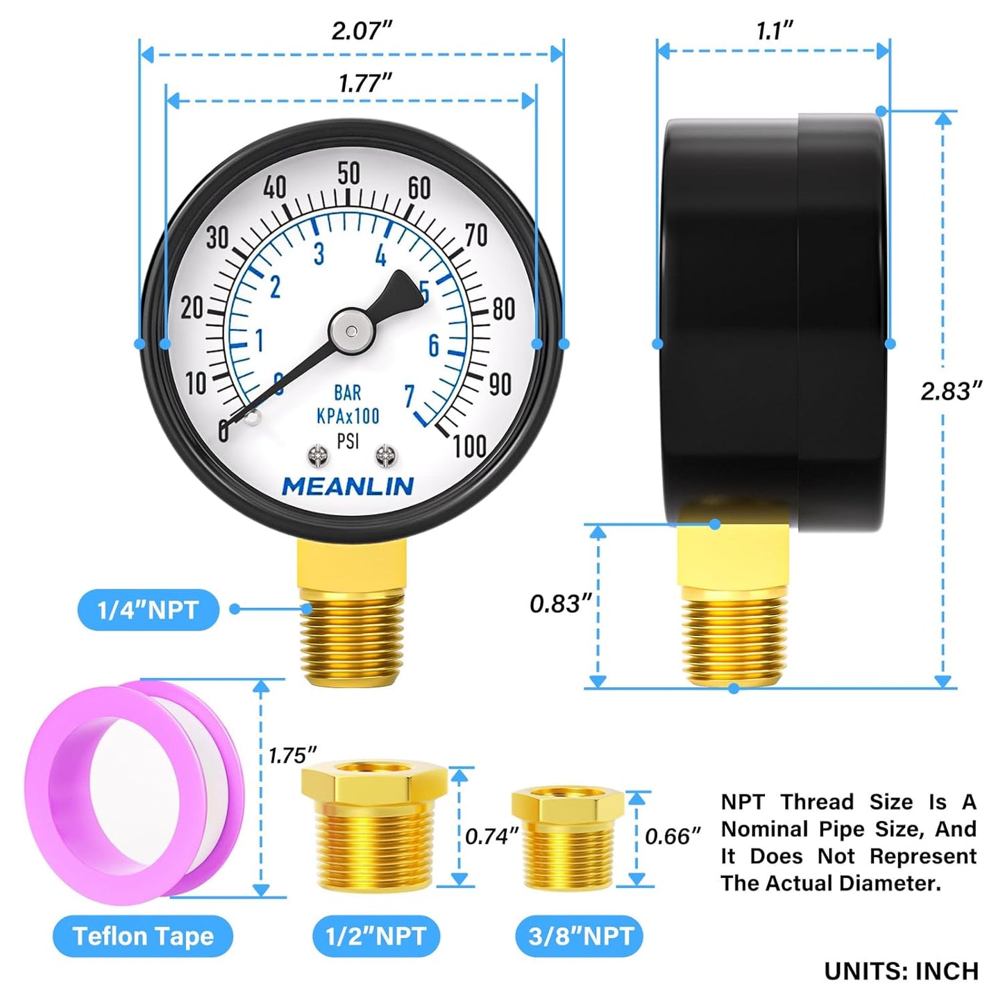 MEANLIN MEASURE 0-100Psi 2" DIAL FACE 1/4" NPT Well Pump Pressure Gauge, with 1/2" NPT and 3/8" NPT Hex Bushing, 3-2-3% Accuracy, Lower Mount (Pack of 2)