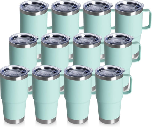 HASLE OUTFITTERS 20oz Tumbler Bulk with Lid, Stainless Steel Tumbler Bulk with Handle, Metal Insulated Travel Coffee Mug Set with Handle, Double Wall Vacuum Leak Proof Tumbler Cup, Mint Green 12 Pack