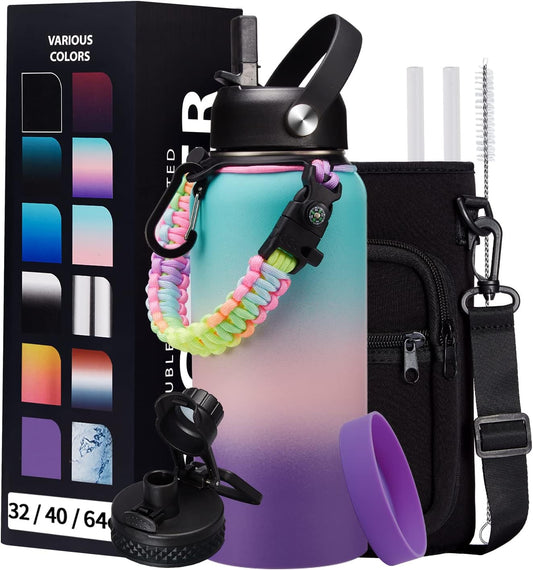 Insulated Stainless Steel Water Bottle - 32/40/64/128 oz Water Bottles with Straw & Spout Lids, Paracord Handle and Carrier Pouch, Workout Water Flask Bottle for Women Men Sport Activities