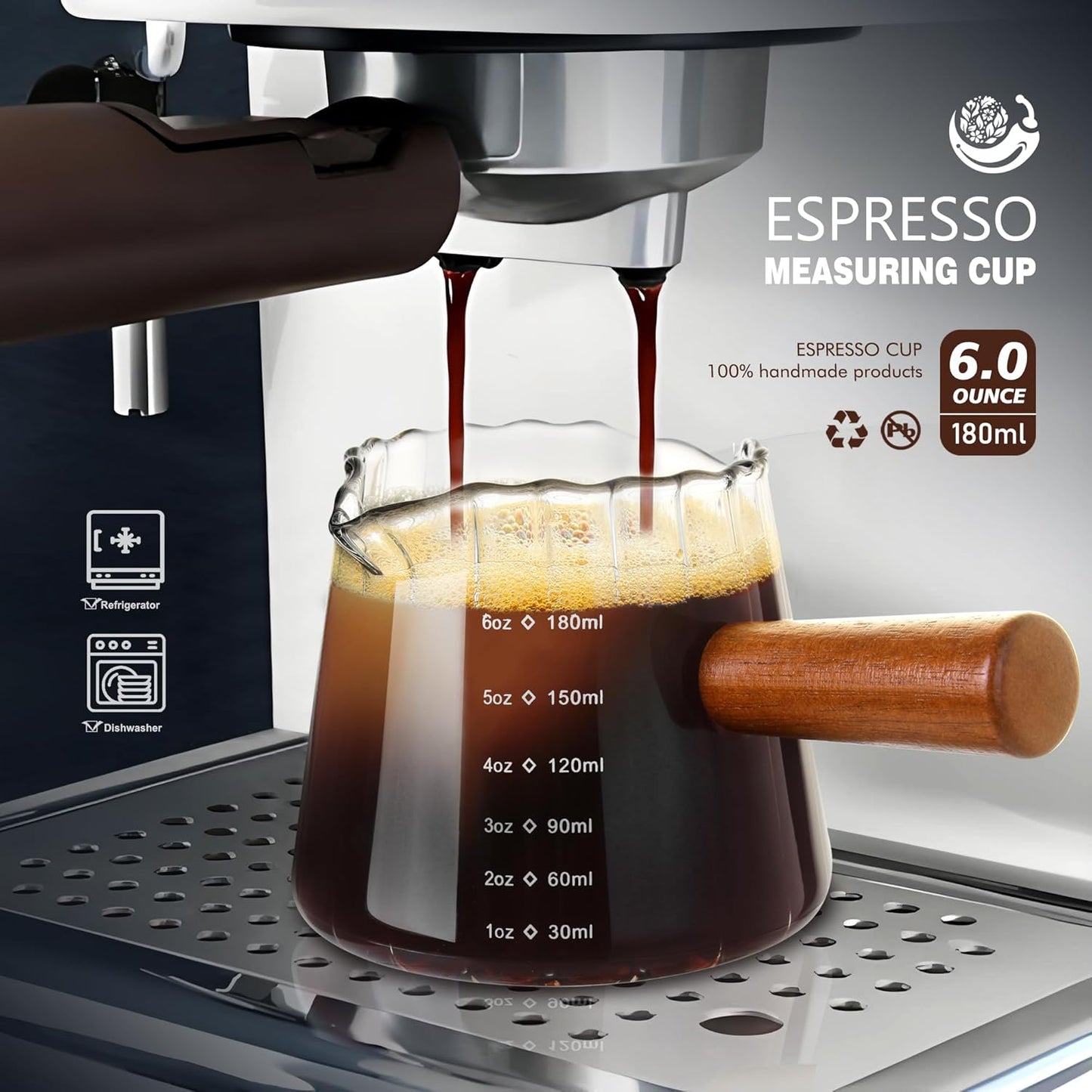 Double V-Spout Espresso Shots Cup (6OZ) with Wooden Handle - Left & Right Handed | Milk Frothing Pitcher & Measuring Cup | Espresso Accessories Set with Bonus Walnut Stirrer