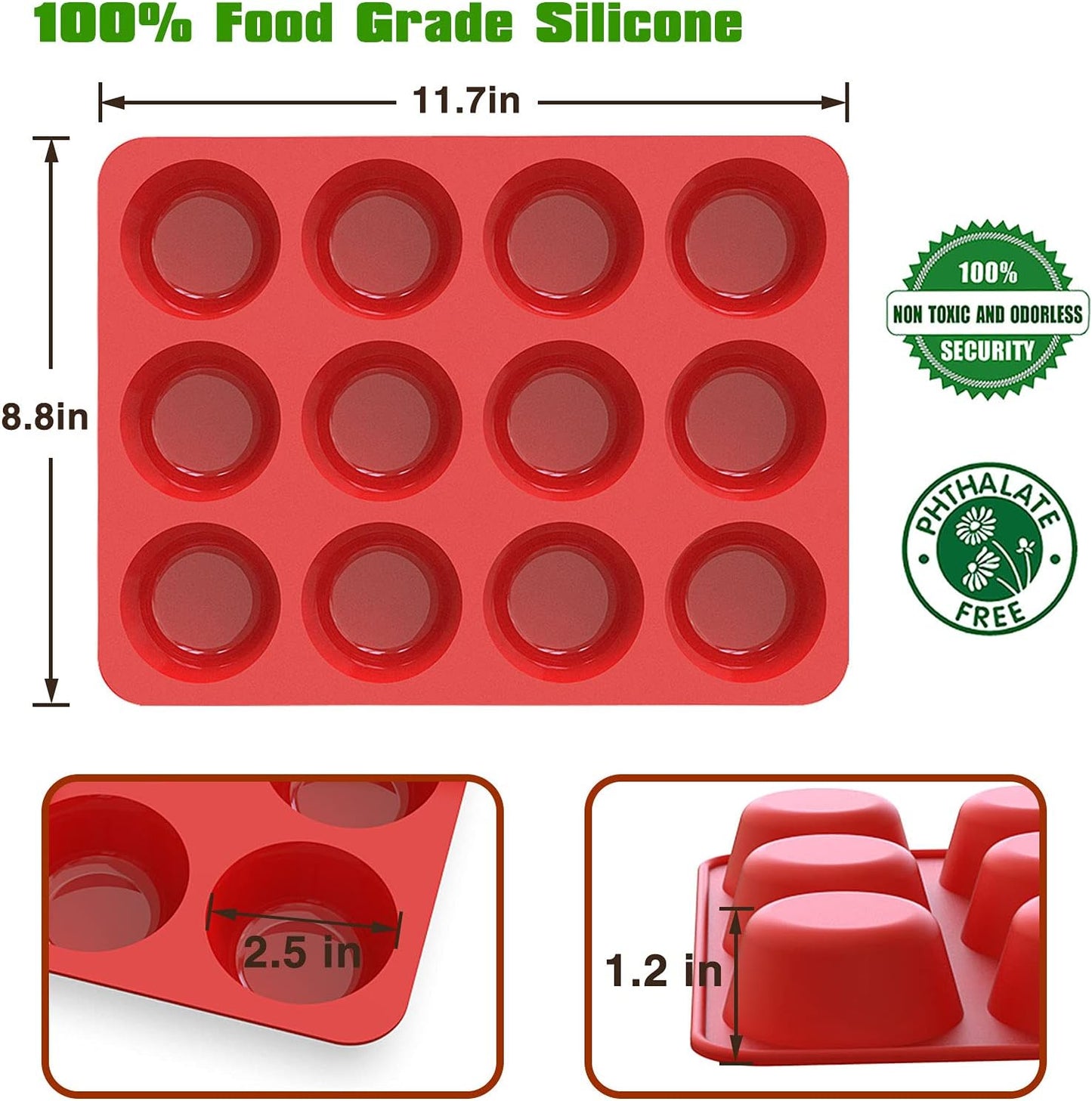 SILIVO Silicone Muffin Pans Nonstick 12 Cup(2 Pack) - 2.5 inch Silicone Cupcake Pan - Silicone Baking Molds for Homemade Muffins, Cupcakes and Egg Bites - 12 Cup Muffin Tin