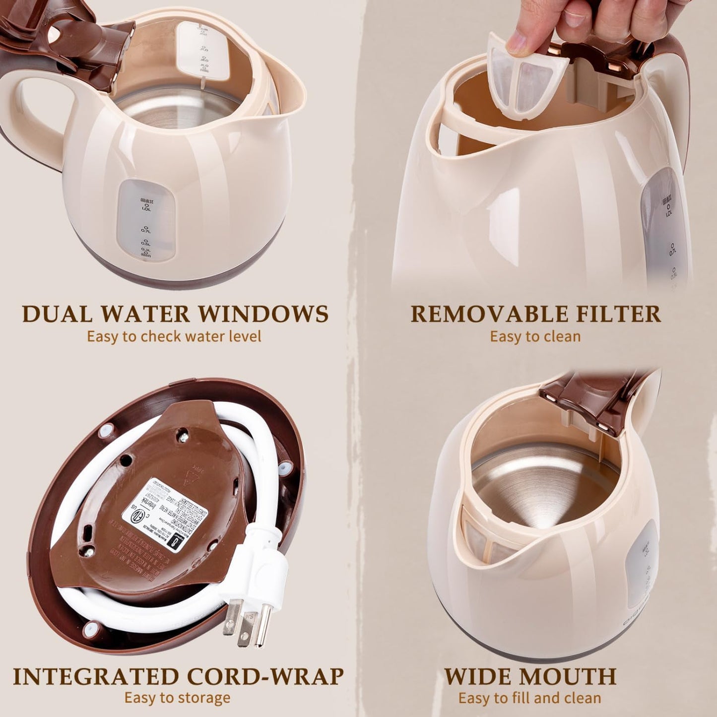 Aigostar Small Electric Kettle, 1L Portable Electric Tea Kettle 1100W with Automatic Shut-Off and Boil Dry Protection, Travel Hot Water Boiler Cordless for Making Coffee and Tea, BPA-Free, Brown