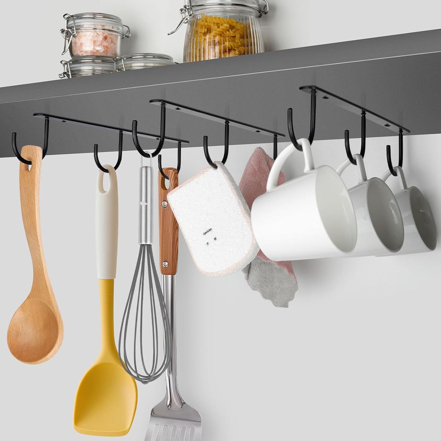 3pcs Under Cabinet Mug Hooks,Adhesive/Screw 2 Ways Install Mug Holder,Coffee Cups Hook with 9 Hooks,Mug Organizion Rack for Displaying Mugs/Cups/Kitchen Utensils (Black)