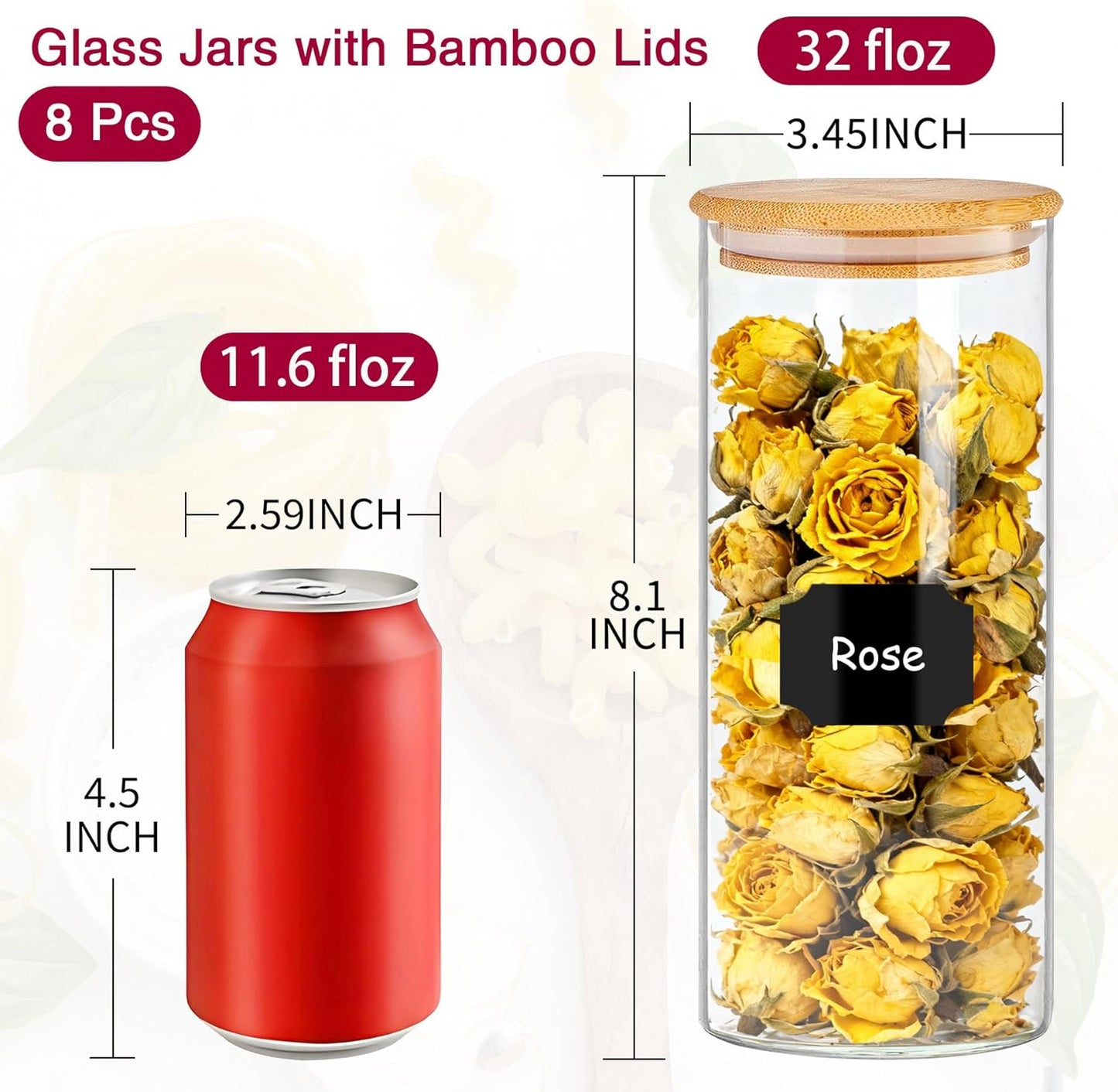 32 oz 8 Pcs Glass Jars with Bamboo Lids, Stackable Clear Food Storage Jars, Airtight Kichen Glass Pantry Storage Containers with Lids for Rice, Candy, Sugar, Flour, Nuts, Cookie, Coffee Bean