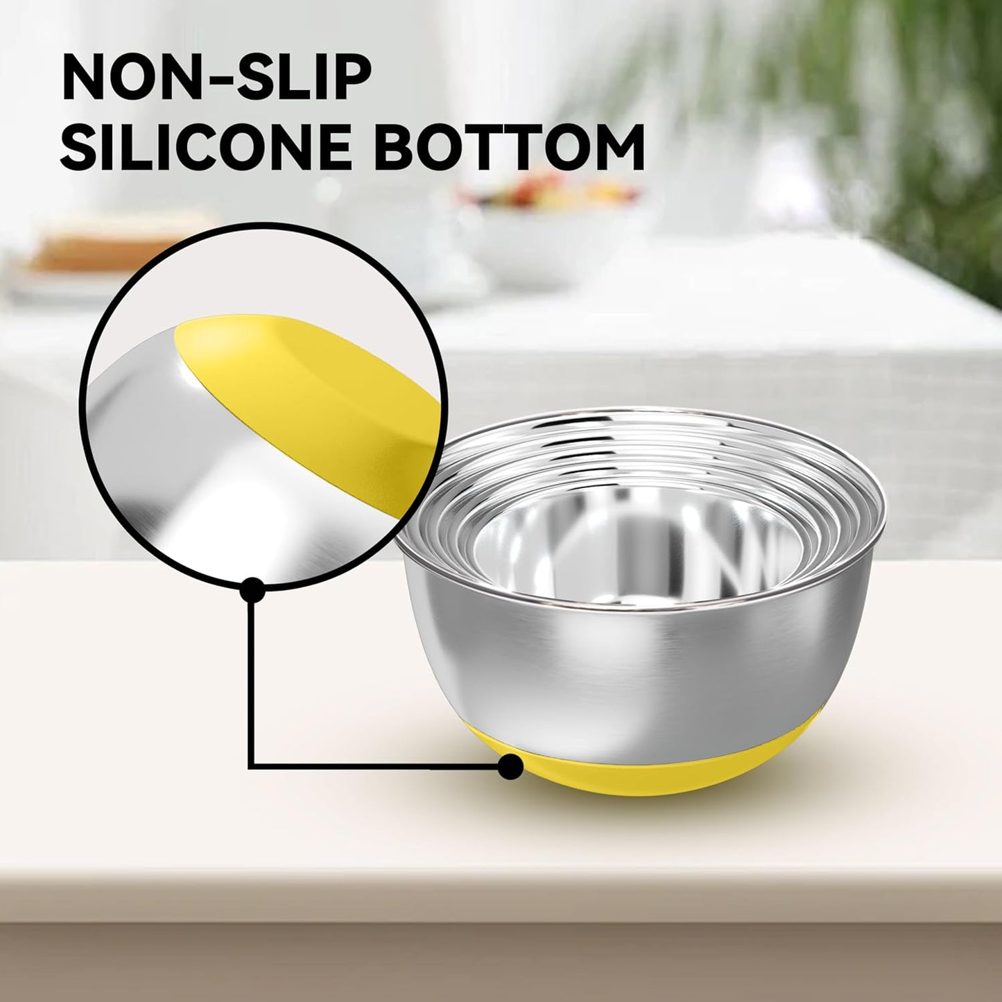 Stainless Steel Mixing Bowls with Lids – Set of 5 Large Nesting Metal Bowls for Kitchen, Baking, Cooking, Food Prep & Storage, Non-Slip Base, Dishwasher Safe,Yellow