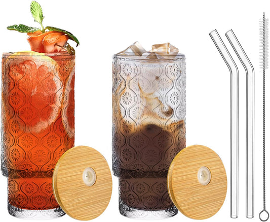 2 Pack of Glass Cups, 12 OZ Clear Glass Tumbler with Lid & Straw, Glass Iced Coffee Cup with Lids, Drinking Glasses Cups for Coffee, Juice, Tea, Cocktail