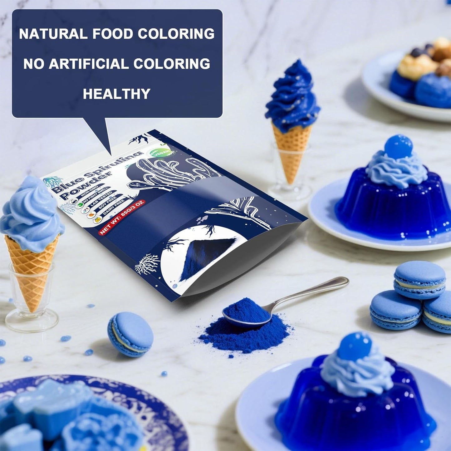 Blue Spirulina Powder - 85g Natural Blue Food Coloring, No Fishy Smell, Food Dye from Spirulina Algae, Plant Based Coloring Powder for Smoothies, Baking, Drinks