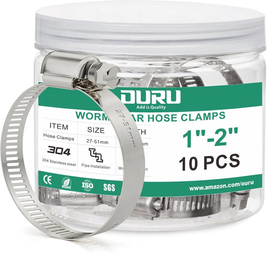 10PCS Hose Clamps Stainless Steel Adjustable 1"–2"(27-51mm) Worm Gear Hose Clamp, Heavy Duty Metal Small Hose Clamps for Automotive, Pipe, Radiator Plumbing, Fuel Line