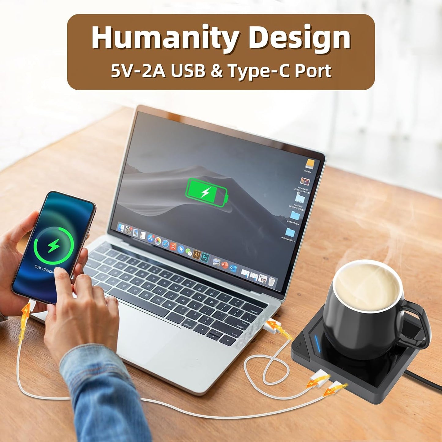 Coffee Mug Warmer with 2 USB Charging Ports: Auto Shut-Off Candle Wax Warmer - Heated Beverage Coffee Accessories for Home Office Desk - U1 Black