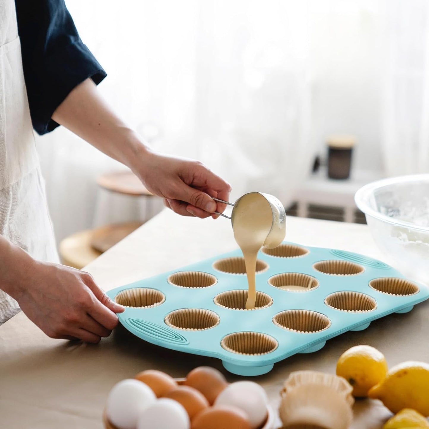 2 Pack Silicone Muffin Pan - 12 Regular Size Cups Muffin Pan, Non-Stick Cupcake Pan Great for Homemade Muffins,Cupcakes, Muffin Cakes, Oven and Dishwasher Safe BPA Free（Blue）