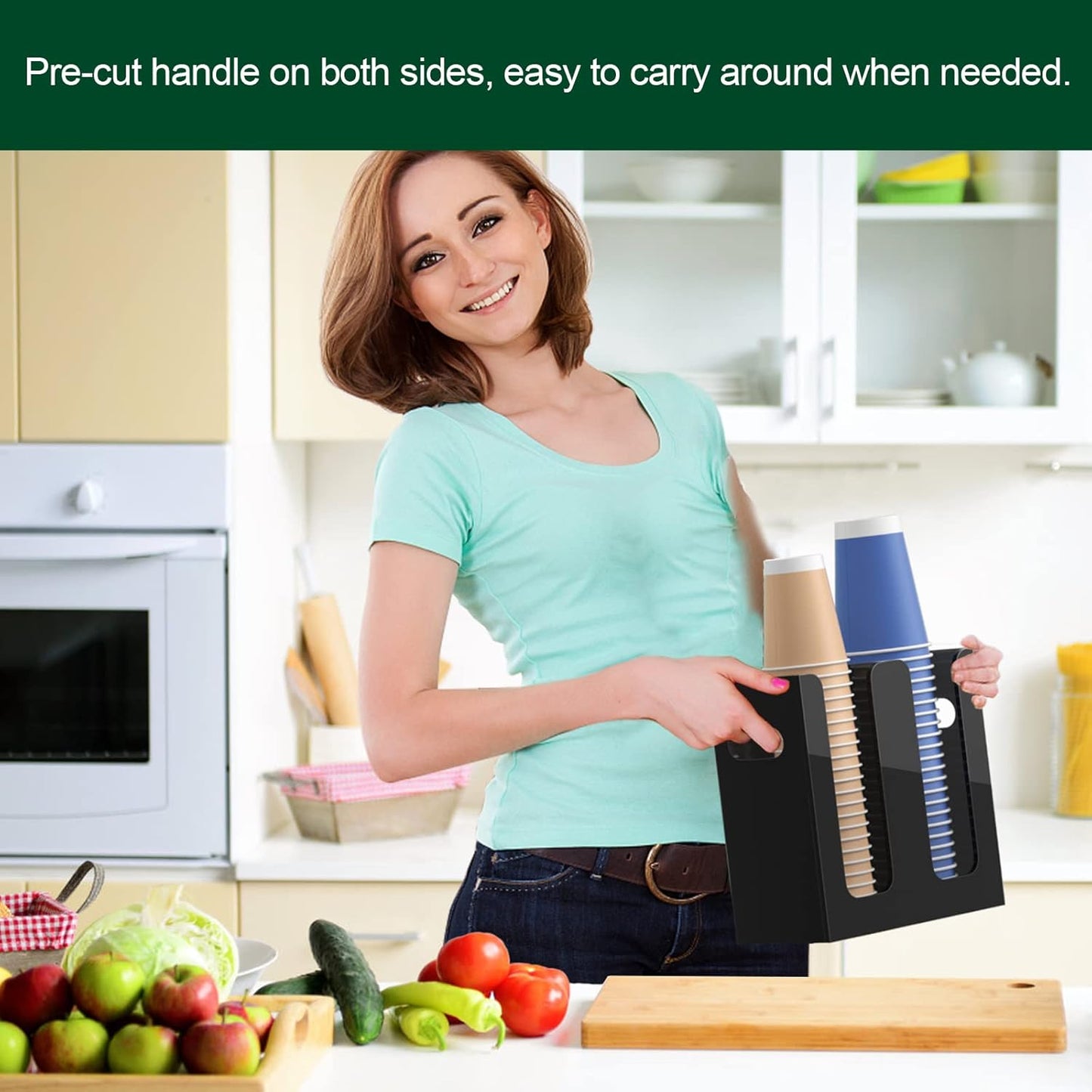 Disposable Coffee Cup Dispenser with Handles, Countertop or Wall Mount Hot/Cold Drink Cup and Lid Holder - Bathroom/Kitchen/Office Acrylic Cup Lid Storage Organizer (2 Compartments, Black)