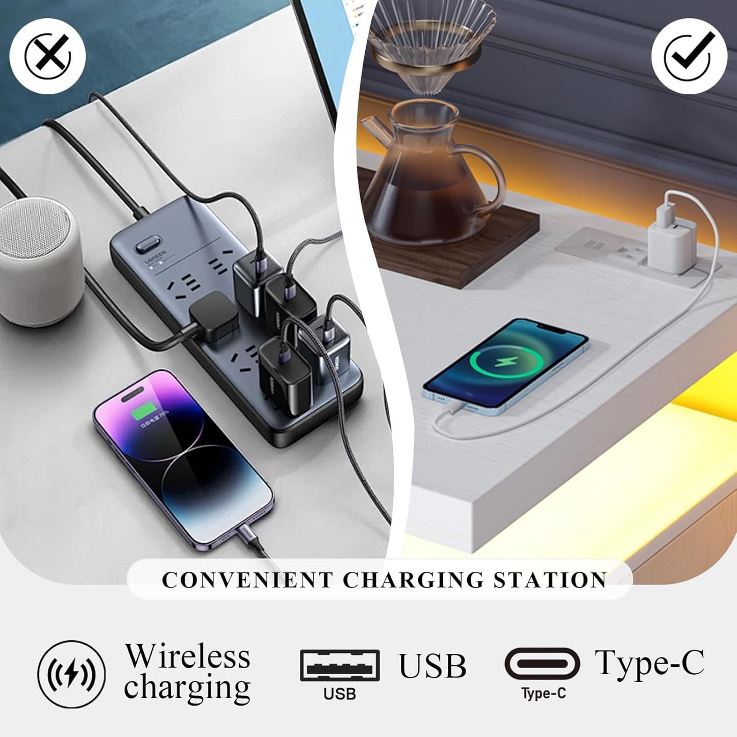 4 EVER WINNER Coffee Bar Cabinet with Led Lights, Buffet Cabinet with Floating Countertop, Modern Sideboard Buffet Cabinet with Charging Station for Living Room, Kitchen, White