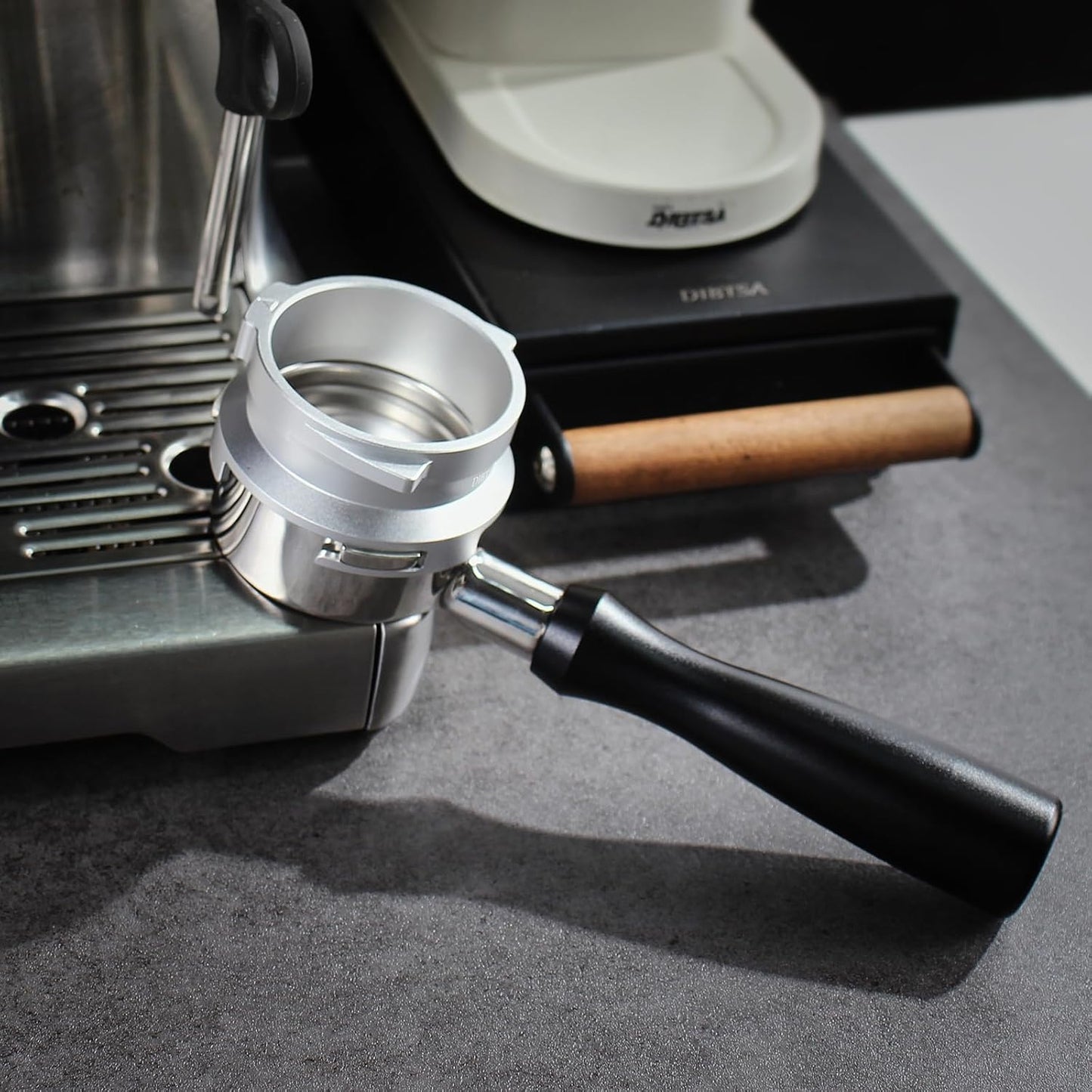 DIBTSA Espresso Dosing Funnel Compatible with Barsetto, Calphalon Temp IQ 58mm Portafilter, Aluminum Alloy, Silver