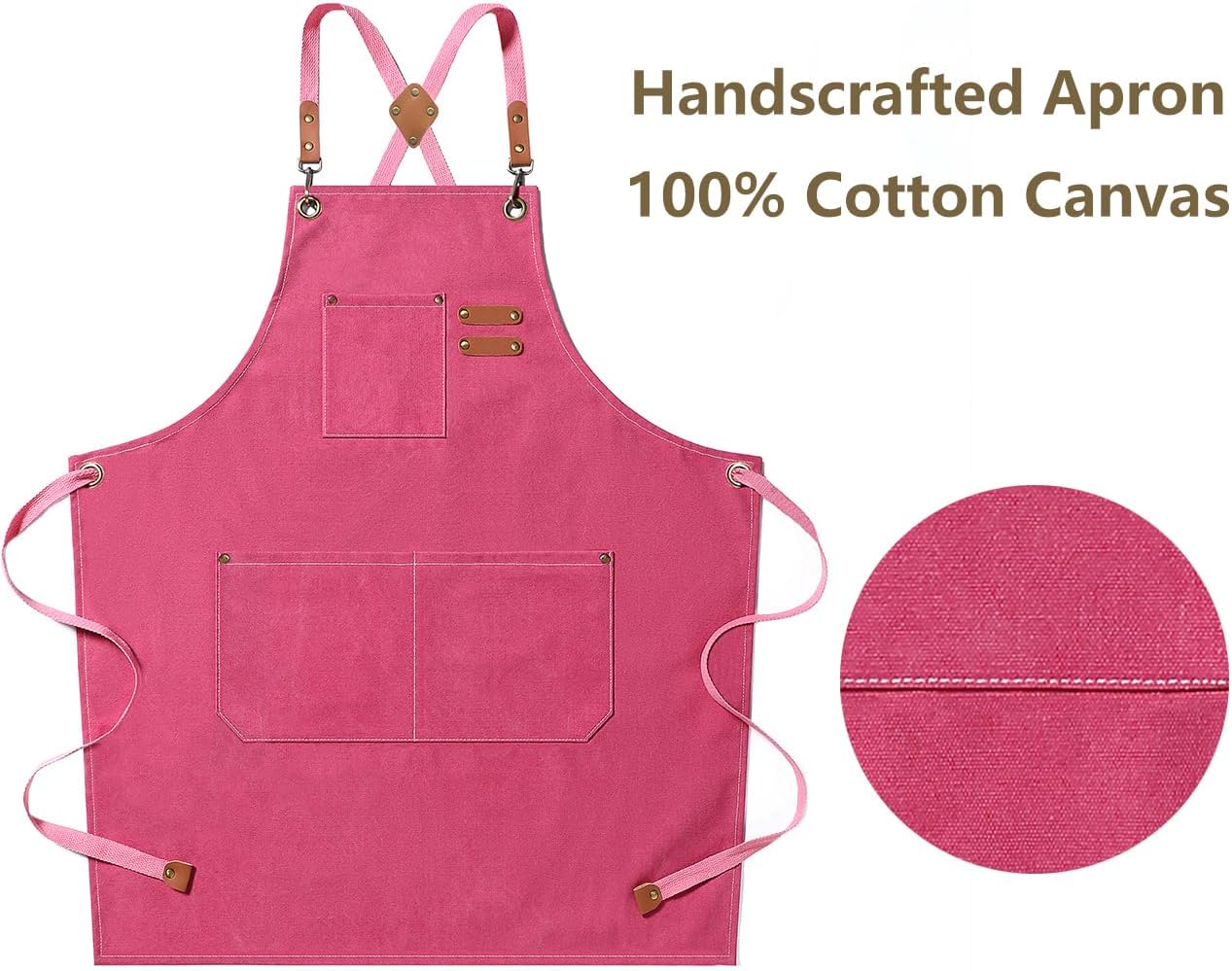 AFUN Chef Aprons for Men Women with Large Pockets, Cotton Canvas Cross Back Heavy Duty Adjustable Work Apron, Size M to XXL (Pink)