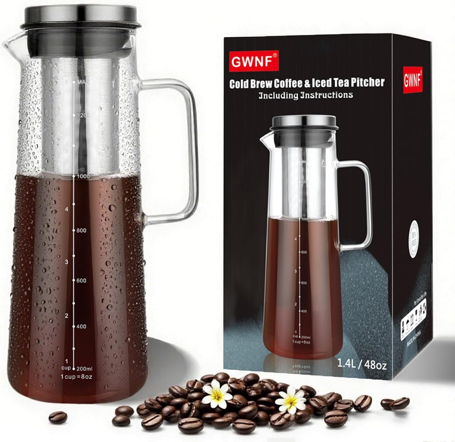 Cold Brew Coffee Maker, 1.4L/48oz Slim Borosilicate Glass Pitcher with Stainless Steel Filter, Fit Fridge Door, Dishwasher Safe & Airtight Lid, Mannual Included, Iced Tea & Fruit Infuser