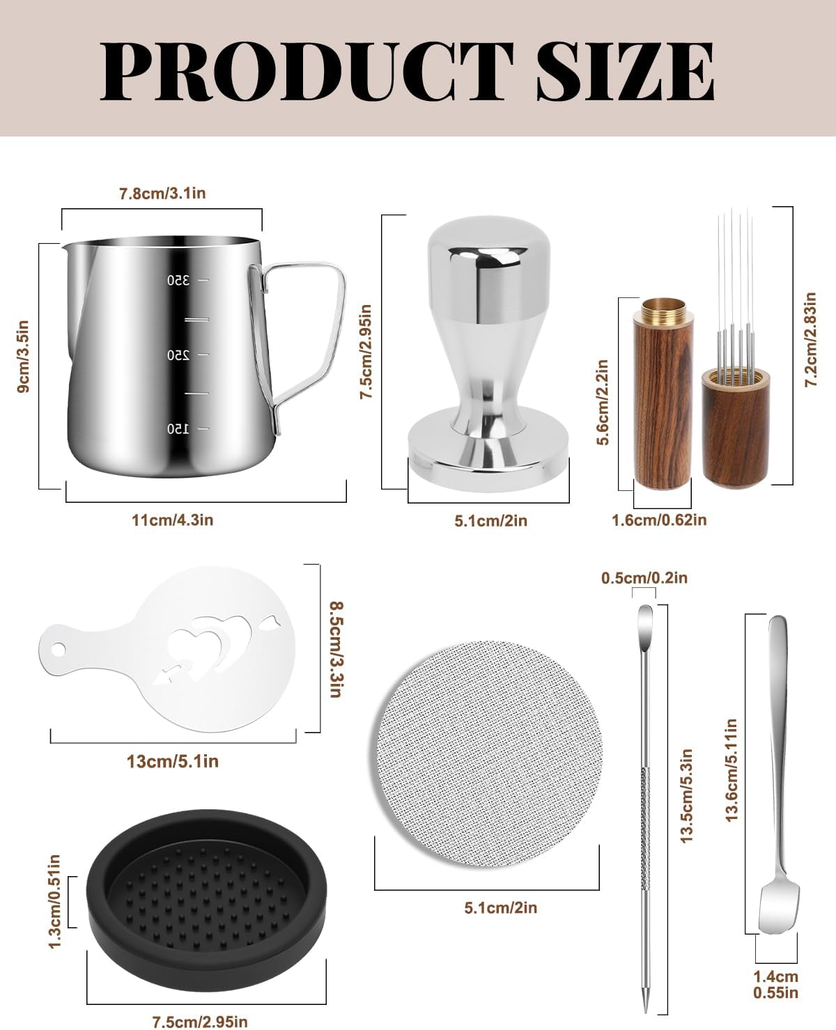 51mm Espresso Accessories Kit, 350ml Milk Frothing Pitcher, Espresso Tamper, WDT Tool & Puck Screen, Dessert Spoons, Tamper Mat, Latte Art Pen &16 PCS Coffee Decorating Stencils