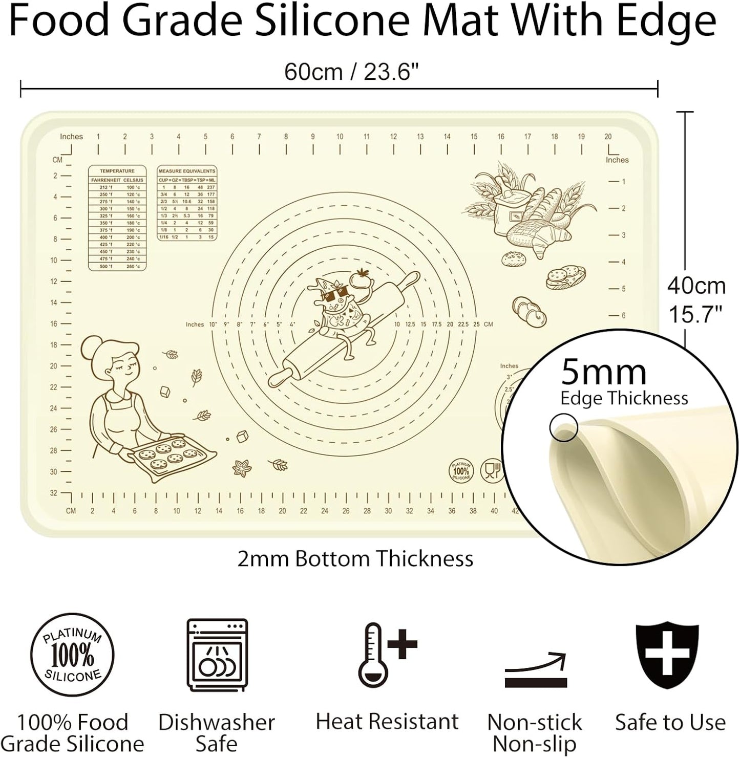 Silicone Baking Mat 24" x 16", Extra Thick Silicone Pastry Mat with Measurements and Edge Heightening, Non-stick Food Grade Dough Rolling Matfor for Pastry, Bread, Cookies, Pizza, Fondant, Pasta