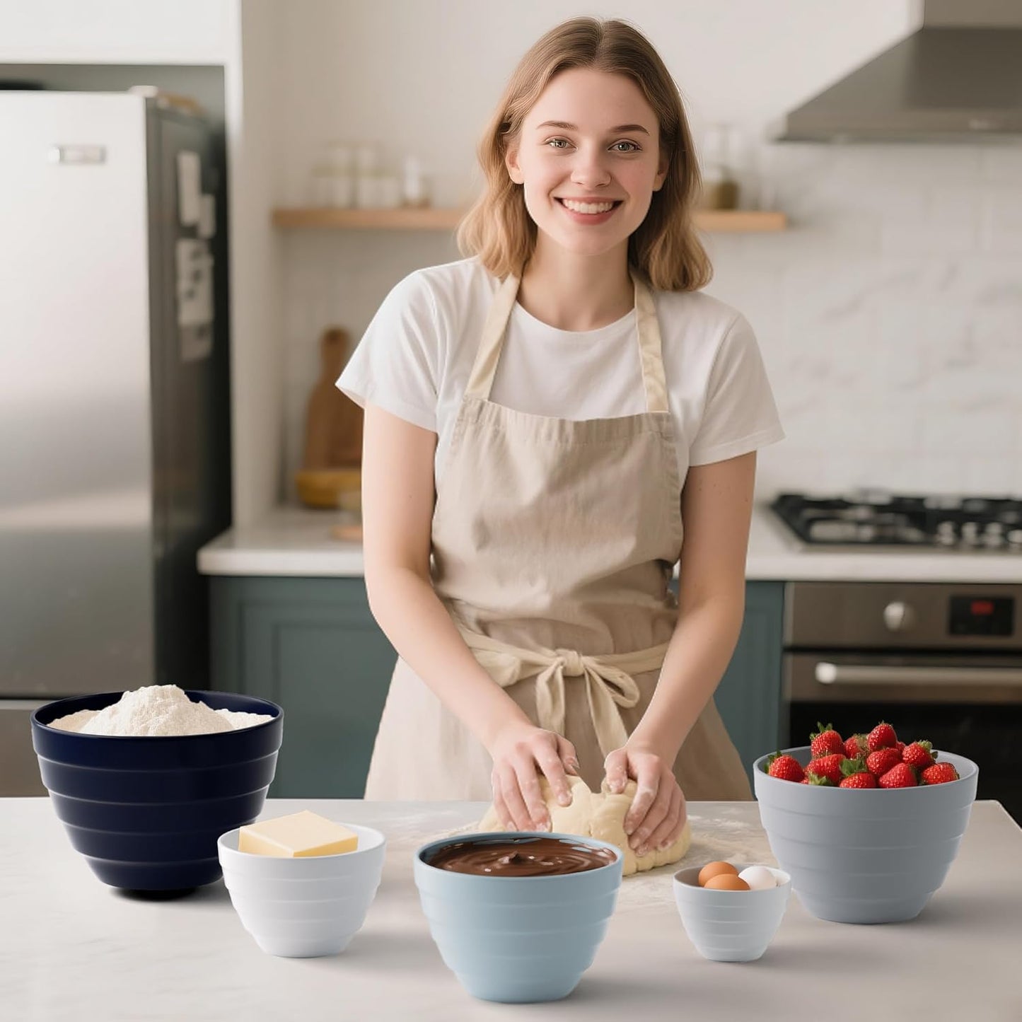 TP Mixing Bowls with Lids, 10-Piece Nesting Melamine Bowls Set for Prepping Serving Baking Cooking, Non Slip Bottom, Set of 5, Blue and White