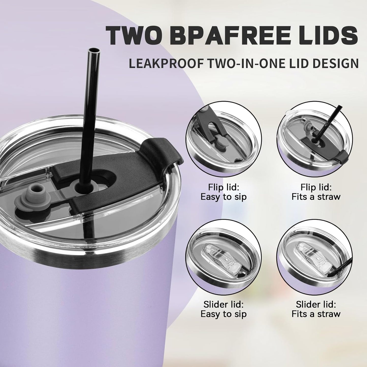 30 oz Tumbler with Lids and Straws, Stainless Steel Insulated Coffee Tumbler, Double Wall Vacuum Insulated Travel Mug Cup, Leakproof Thermal Coffee Cup for Hot and Cold Drinks (Light Purple)