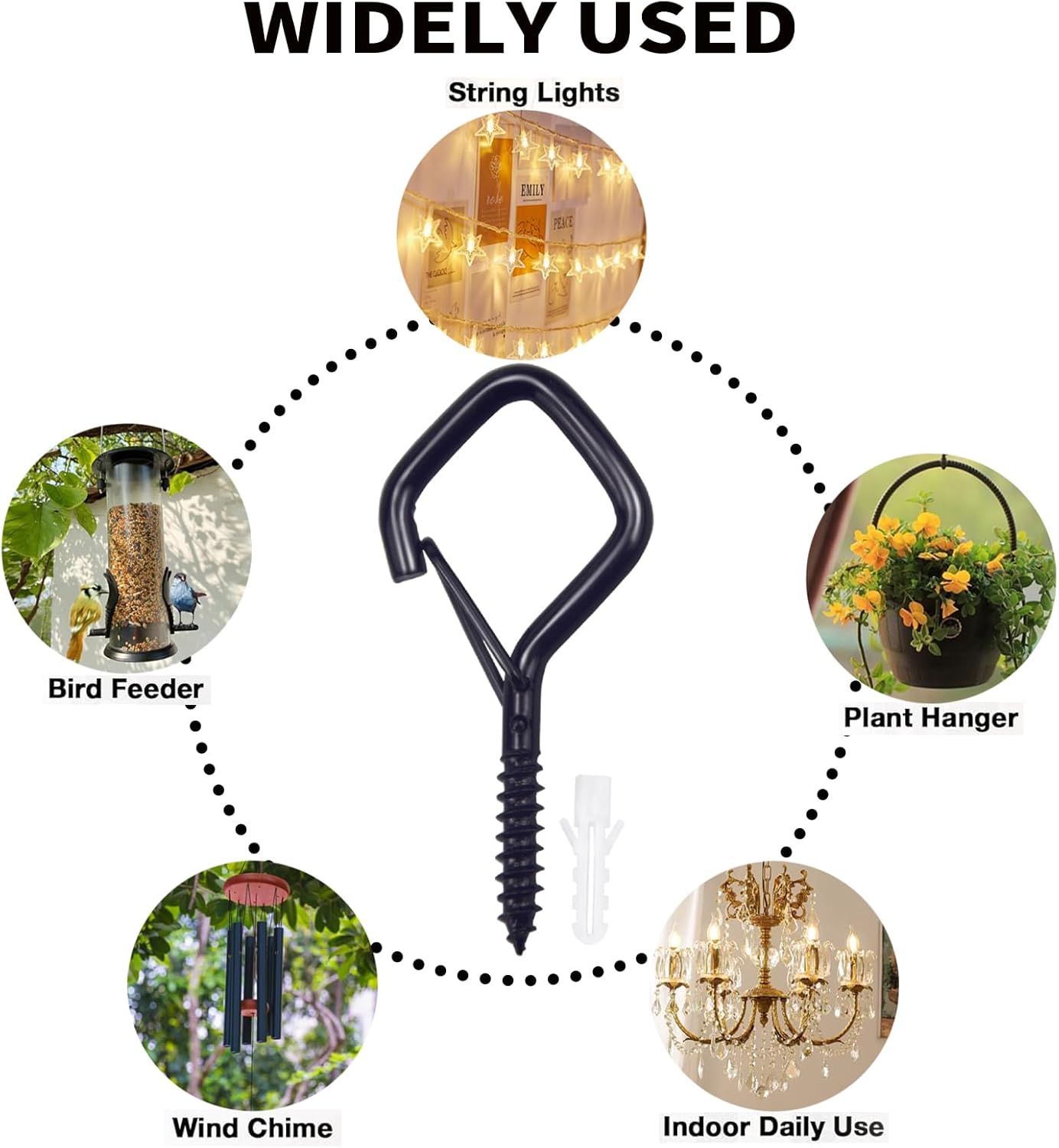 100 PCS Black Eye Screw Hooks for Hanging Heavy Duty with Safety Buckle.Metal Ceiling Hooks for Hanging Plants Cup Wind Chime Bird Feeders Patio Lights at Indoor&Outdoor