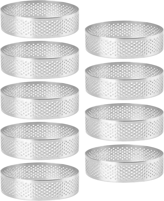 Frcctre 9 Pack 3.15 Inch 304 Stainless Steel Tart Rings, Heat-Resistant Perforated Nonstick Round Mousse Cake Rings Metal Crumpet Ring Pastry Mold Circle Tartlet