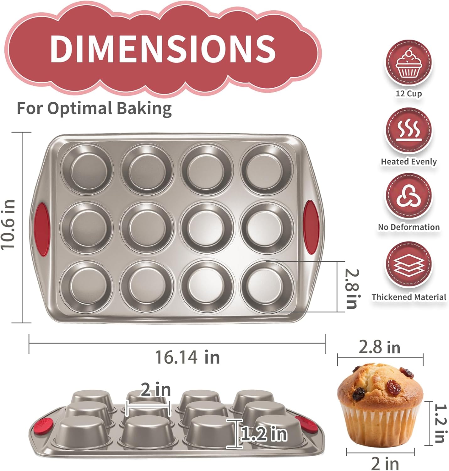 Muffin Cupcake Pans 12-Cup, 2 Packs Nonstick Standard Muffin Tins with Silicone Grip Handles for Baking, Heavy Duty 12 Cheesecake Pan Cup Cake Pans, Non Stick, BPA Free, Dishwasher Safe