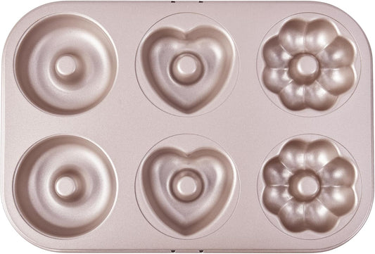 Fancy Donut Pan, 6 Cavity Donut Mold Heavy Duty Steel Non-stick Heart Flower Round Shaped Bund Pans Pattern Doughnut Bakeware for Oven Baking (Champagne Gold)