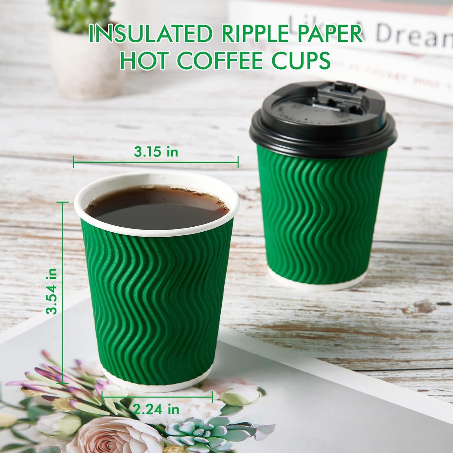 100 Count 8 OZ Coffee Cups with Lids, Insulated Ripple Wall Paper Hot Coffee Cups for Hot Drinks