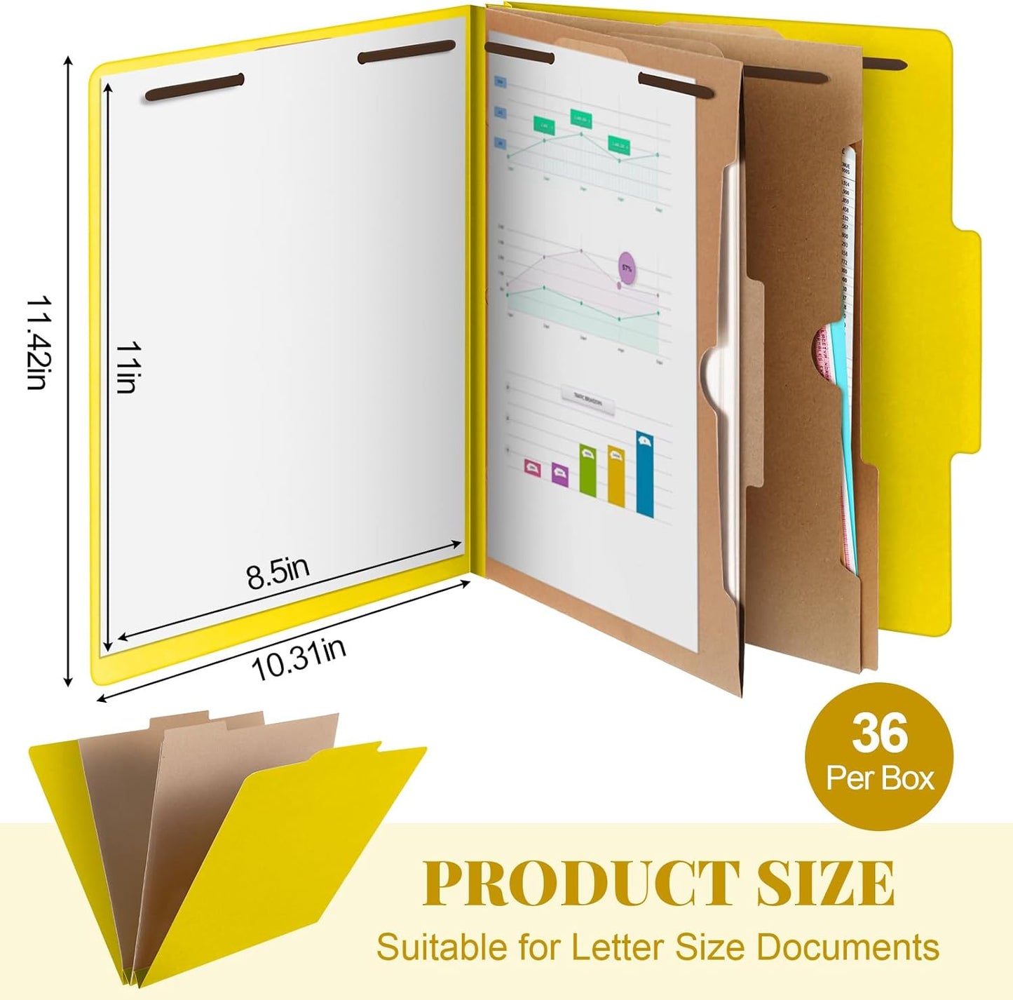 36 Pcs Classification Folders Letter Size, Back to School Supply for Teacher, Student, 2 Pocket Dividers Pressboard File Folder Bulk with 2 Fasteners, 2 in Expanding File Organizer (Yellow)