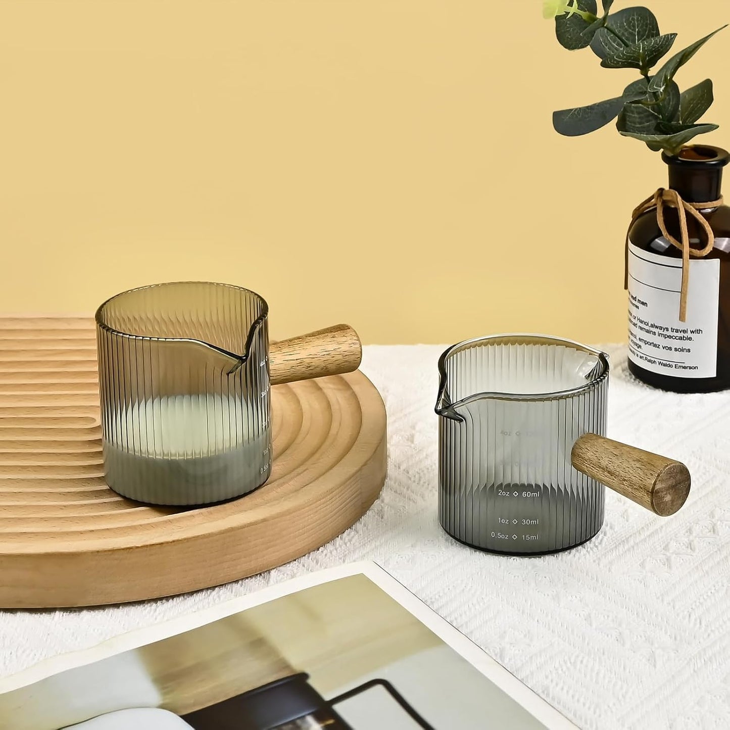 Glass Measuring Cup, 4oz Espresso Shot Glass with Wood Handle, Double Spouts Measuring Triple Pitcher Milk Cup for Coffee Tea (Gray Ribbed）