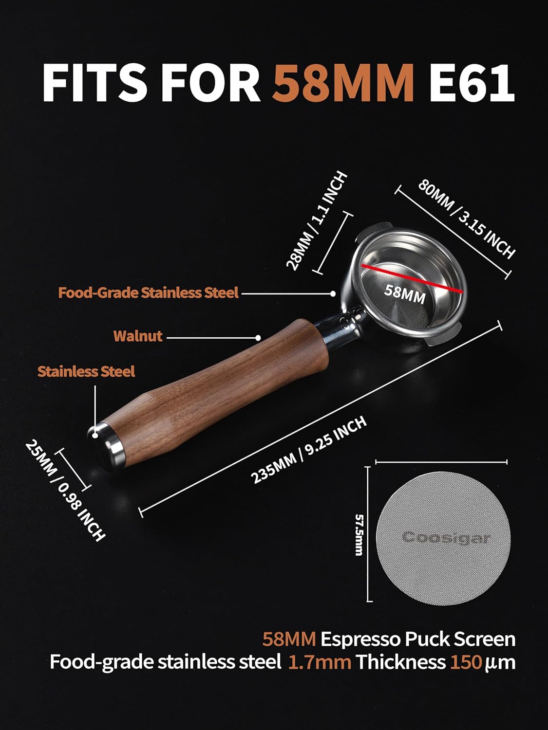 58mm Bottomless Portafilter | Fits for E61 Group Head 2 Ears machines| Stainless Steel portafilter and Walnut wood Handle|Espresso Machine Accessories(Walnut)