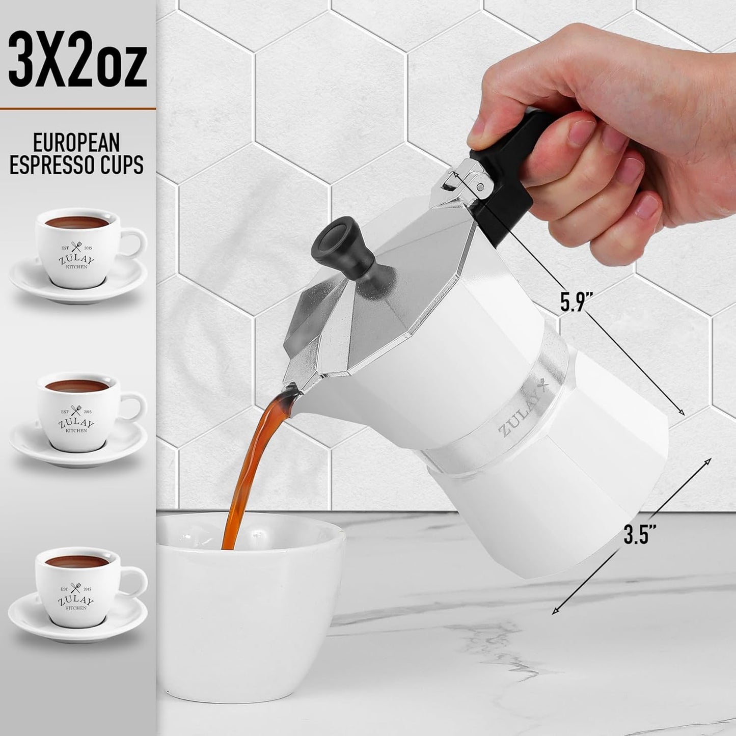 Zulay Moka Pot Espresso Stovetop Coffee Maker - Leak-Proof, Stainless Steel, Easy to Clean, Heat Resistant Handle & Knob - for Authentic Cuban & Italian Style Espresso - Makes 3 Espresso Cups - White