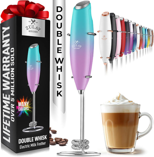 Zulay Kitchen Double Whisk Milk Frother – Handheld Foam Maker for Coffee, Lattes, Matcha, Hot Chocolate & Cappuccinos – Whip Creamy Froth in Seconds, Portable & Easy to Use
