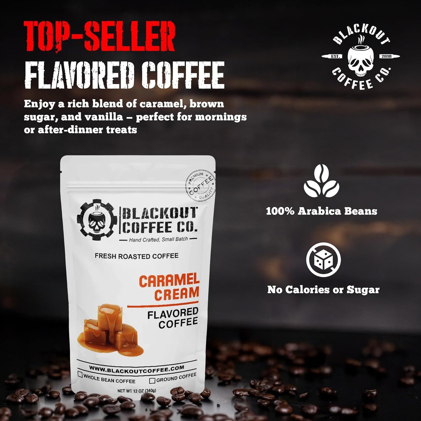 Blackout Coffee Caramel Cream Flavored Coffee - Ground Coffee, Fresh Roasted In the USA,12 oz pouch