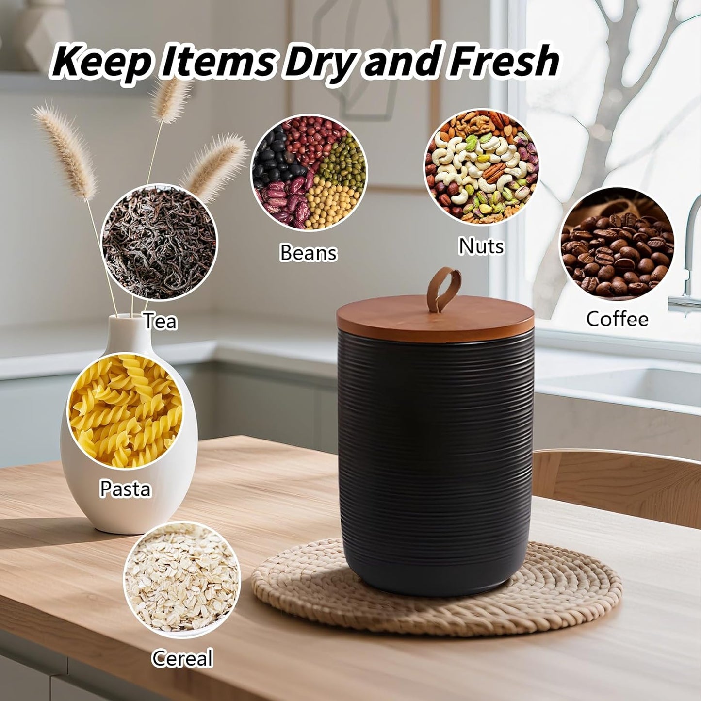Food Storage Jar Strong Ceramic Storage Canisters with Airtight Wooden Lid,Kitchen Storage Containers for Serving Coffee Beans, Tea, Sugar, Salt, Spices (Big black)