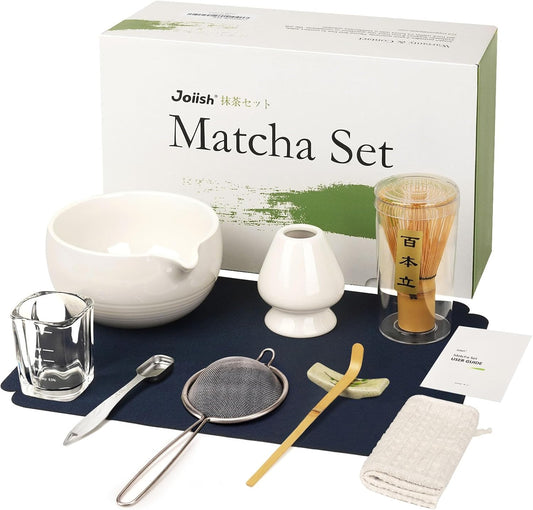 Matcha Tea Kit 10-Pcs Set, Whisk and Bowl with Spout & Measuring Spoon, Japanese Tea Making Tools, White
