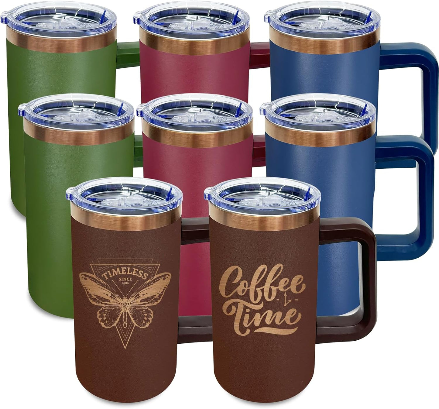 20 oz Insulated Coffee Mug with Lid, 8 Pack Stainless Steel Coffee Tumbler Bulk, Double Wall Vacuum Travel Mug with Handle, Leakproof Powder Coated Coffee Cups for Hot and Cold Drinks (Mixed,8 pack)